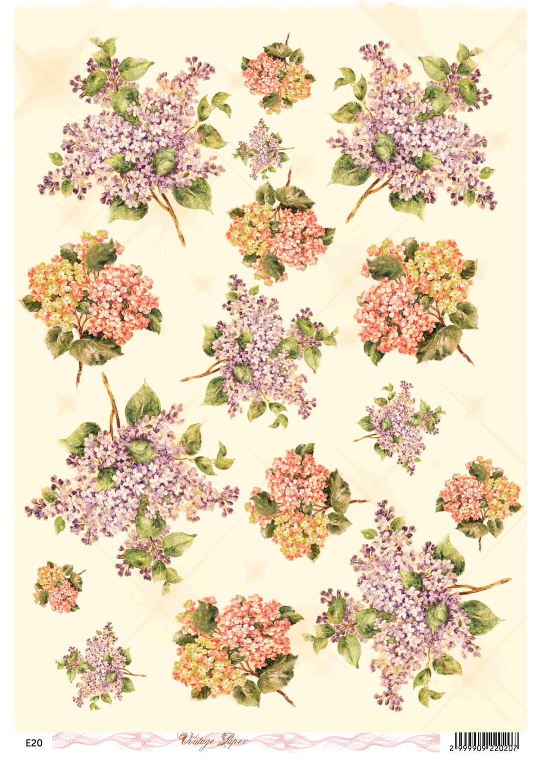 Hydrangea Rice Paper Decoupage Lilac Rice Paper and Hydrangea Floral Bouquet Vintage Flower ...