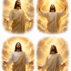 May include: A set of four illustrations depicting a figure with long brown hair and a beard, wearing a draped cream-colored robe. The figure is positioned against a backdrop of golden clouds and bright light, with arms extended outward.