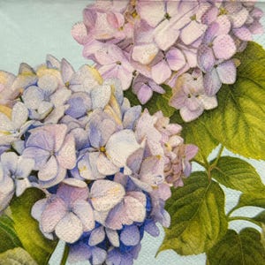 Servilleta floral de hortensias para manualidades de decoupage: flores de lavanda azul y hojas verdes para bodas de primavera y el Día de la Madre (10&#39;&#39;, 1 unidad)