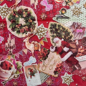 Serviette de table vintage Père Noël pour découpage, scrapbooking, fabrication de cartes, guirlande de Noël, cadeaux de renne sur fond rouge, 13 po.