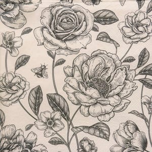 Vintage Black White Floral Paper Napkin for Decoupage 13x13&#39;&#39; - Roses, Peonies, Lilies, Bees Botanical Print for DIY Crafts Scrapbooking