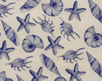 Serviette en papier nautique bleu blanc coquillages et étoiles de mer pour fête d'été sur la plage ou artisanat de découpage en mer, serviette de table océan 16 pouces 1 pièces