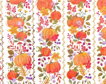 May include: A white fabric featuring a repeating vertical pattern of orange pumpkins, autumn leaves, small purple flowers, and berries. The design is separated by thin, gold-colored vertical vine borders that run the length of the material.