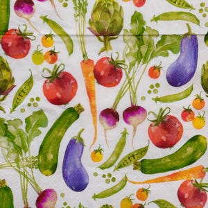 Serviettes en papier colorées Légumes d'été pour découpage, scrapbooking, fabrication de cartes, décoration de cuisine, aubergine, tomate, carotte, courgette, pois, 13 pouces