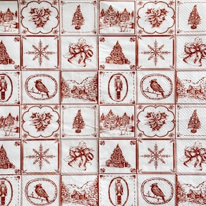 May include: A white and red patterned Christmas-themed napkin. The design features a repeating grid of festive images, including poinsettias, Christmas trees, snowflakes, and a bird in a circle. The overall aesthetic is vintage and holiday-focused.