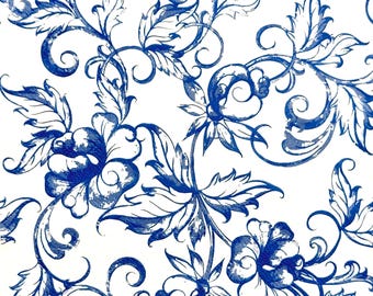 May include: A repeating pattern featuring deep blue floral motifs and intricate swirling vines set against a stark white background. The design showcases stylized blossoms and pointed leaves with a distressed, ink-stamped texture throughout.