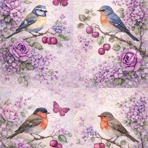May include: A square image featuring four panels of watercolor art. Each panel depicts a bird perched on a branch with cherries, surrounded by purple roses, lilac, and butterflies. The background has a soft, lace-like pattern.
