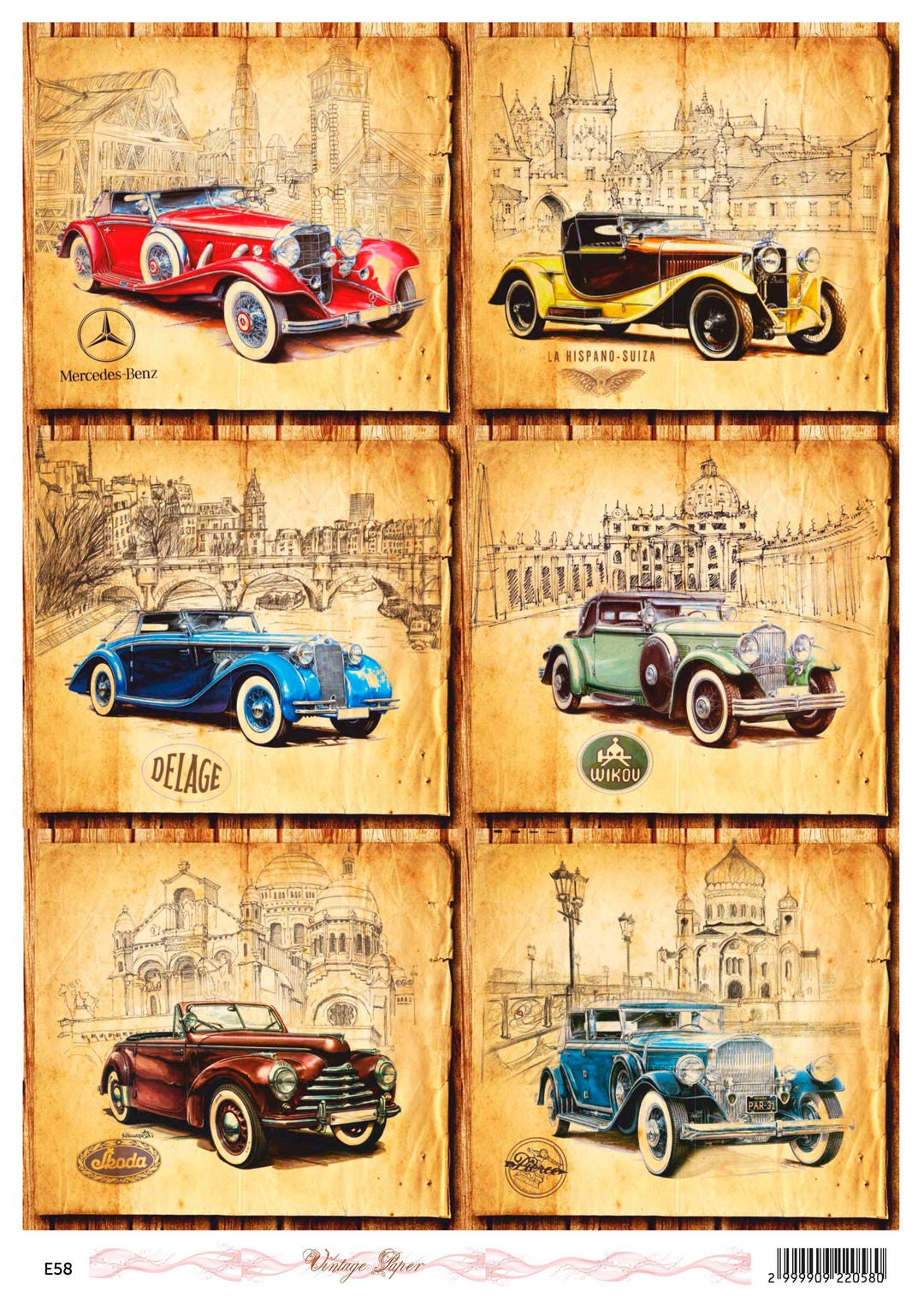 Decoupage Rice Paper Vintage Classic Cars Mercedes Benz Hispano Suiza ...