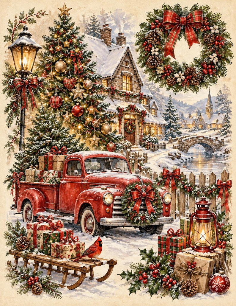 Pc Mastercard Options Christmas Decoupage Rice Paper Snowy Vintage Truck Winter Village ...