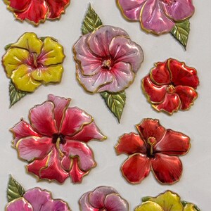 Bunte Hibiskus und Petunia Blumen Aufkleber - 3D Puffy Gold-Trimmed Silikon Aufkleber für Scrapbooking, Kartenherstellung, Basteln - 10 STÜCK
