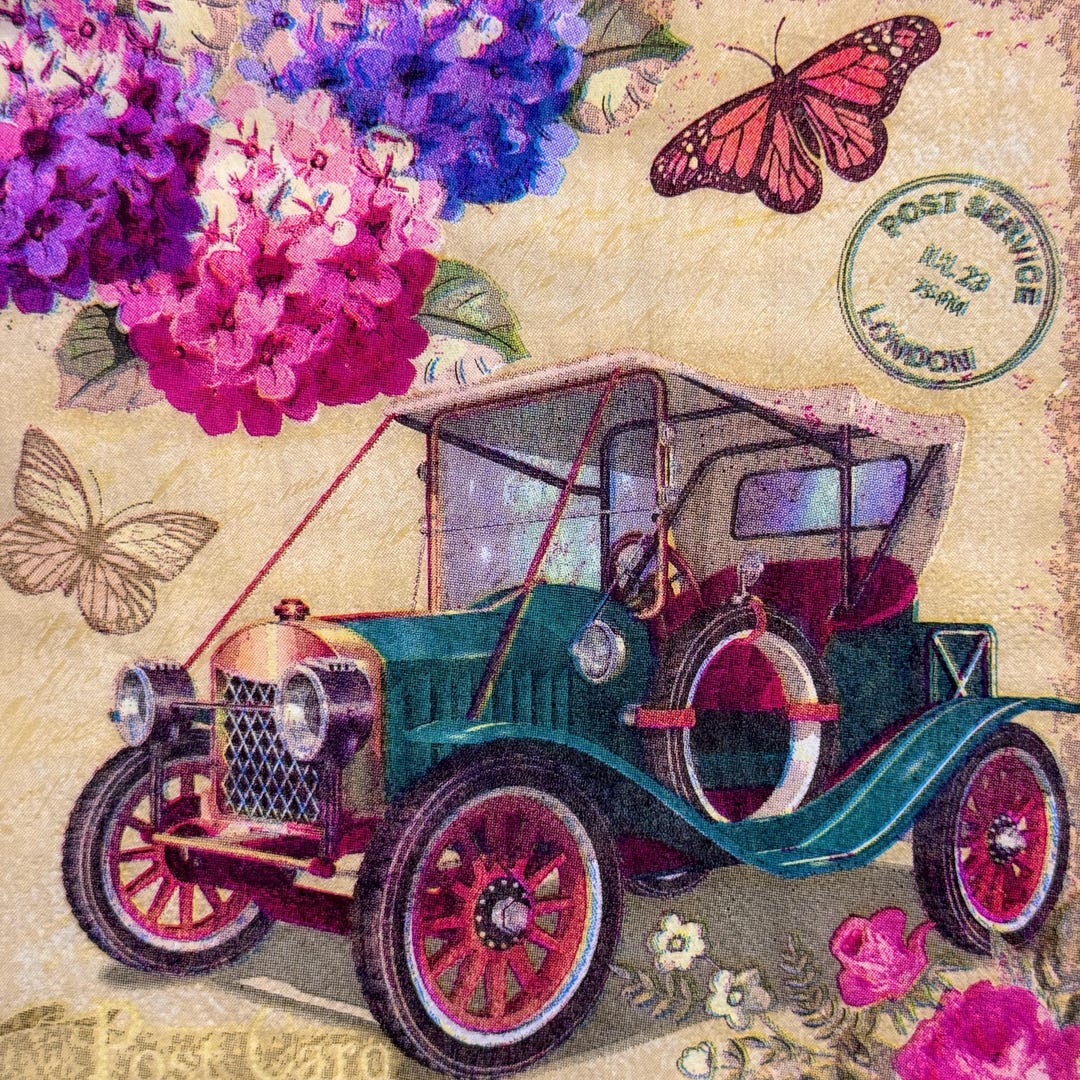 Vintage Car Flowers Butterflies Postcard Design Decoupage Paper Napkin ...