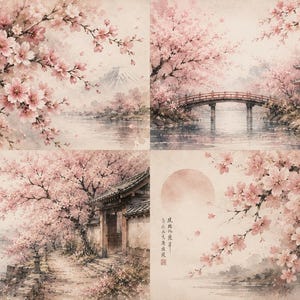 May include: Watercolor art print featuring a serene Japanese landscape with cherry blossoms in full bloom. The artwork depicts a bridge, pagoda, and mountain, all framed by pink flowers and a soft, muted color palette.
