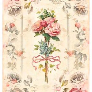 Decoupage Rice Paper Romantic Floral Bouquet With Pink Roses Vintage Border, Crafting Paper Or Cardstock For DIY Decoupage Project 7&quot;X11&quot;