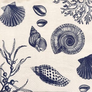 Nautical Shells and Coral Decoupage Napkin in Navy Blue for Coastal DIY Crafting, Scrapbooking, Cardmaking, Summer Sea Ocean Napkin 13&#39;&#39; 1pc