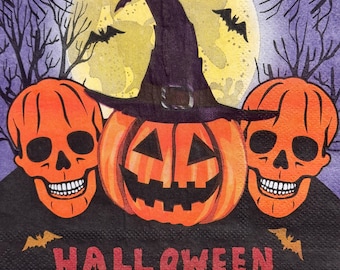 Serwetka papierowa do decoupage'u z dynią na Halloween, upiorny kapelusz czarownicy Jack-o'-Lantern, nietoperze w pełni księżyca, cienki papier do projektów DIY (1 szt.)