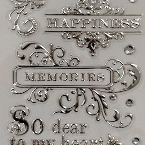 Silver Embossed Stickers with Rhinestones Set of 14 Pieces Stickers for Scrapbooking Card Making Journals DIY Decor Words and Swirl Stickers