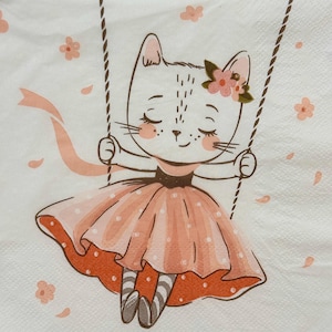Niedliche Katze auf Schaukel Papierserviette für Decoupage, Kind Mädchen Geburtstag Handwerk DIY Scrapbooking Karte machen Kinderzimmer Dekor, Rosa Kleid Serviette 13 ''