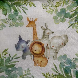 Guardanapo de papel Safari Jungle para Decoupage 13 polegadas - Tema fofo de aquarela de animais bebês, verde e floresta para artesanato DIY, scrapbooking, decoração
