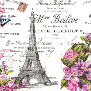 Puede incluir: Una servilleta de papel decorativa con una ilustración en blanco y negro de la Torre Eiffel entre tipografía francesa vintage, incluyendo el texto Mme Boileve, 38, rue Bourbon, 38, CHATELLERAULT, y acentos florales de color rosa.