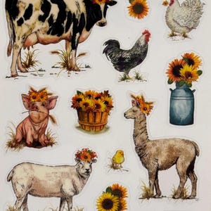 Pegatinas de animales de granja con girasoles, vaca, cerdo, llama, oveja, pollo, gallo, patito, campestre, temática otoñal, juego de 22 pegatinas para decoupage.
