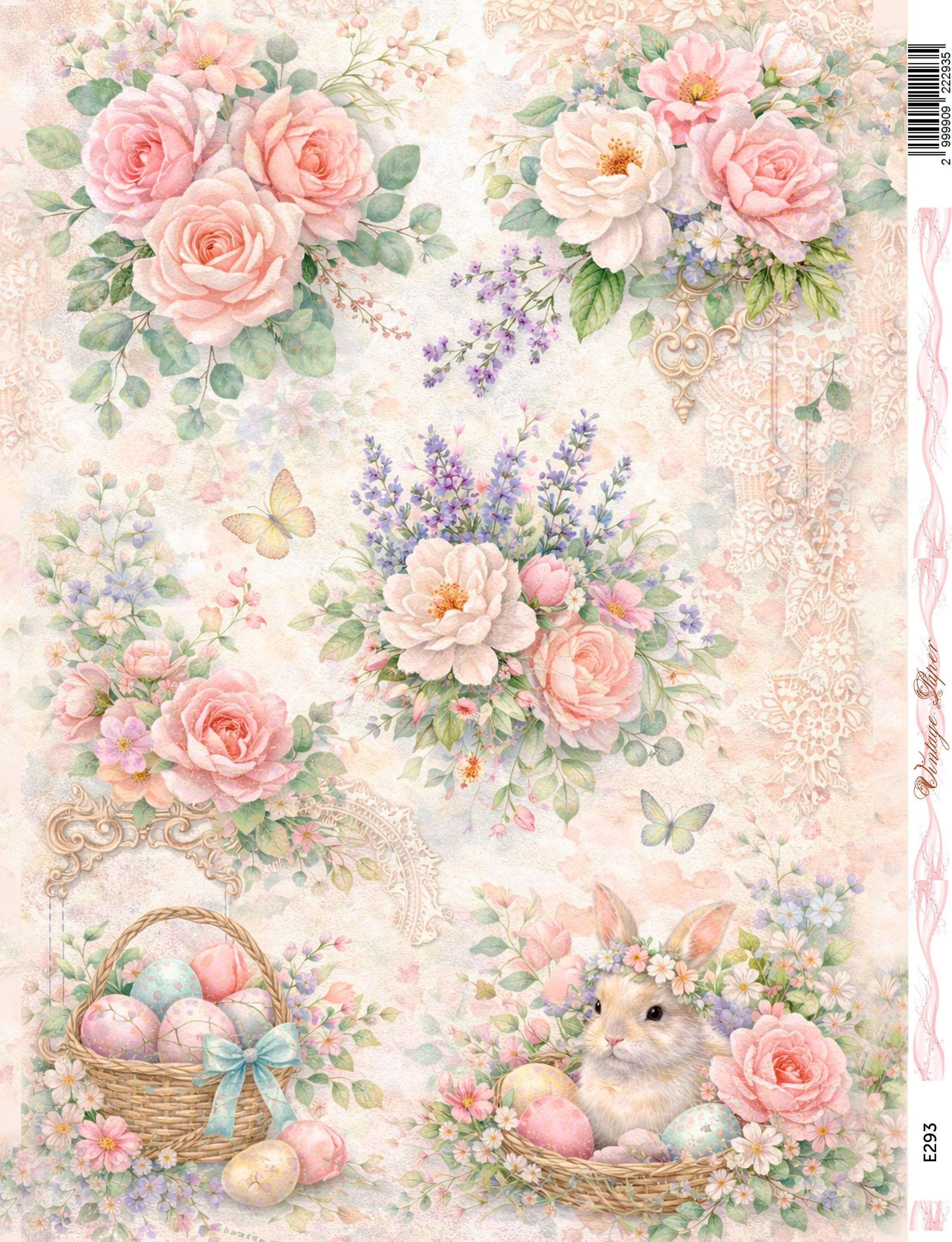 Decoupage Rice Paper Easter Bunny Roses Floral Egg Basket Shabby Chic ...