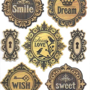 Juego de 7 pegatinas decorativas dimensionales para scrapbooking y tarjetas: elegante diseño de vetas de madera, mensajes inspiradores y marcos ornamentales.