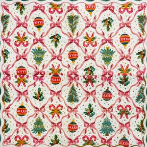Christmas Ornaments and Candy Canes Decoupage Paper Napkin with Pink Ribbons and Trees Pattern, Thin Paper for Holiday Crafts DIY 10&#39;&#39; 1PCs