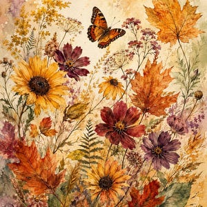 May include: A watercolour painting featuring a vibrant autumn arrangement of yellow sunflowers, deep red cosmos flowers, and golden maple leaves. A monarch butterfly with orange and black wings is positioned near the top centre of the floral display.