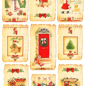 Vintage Christmas Decoupage Rice Paper Scenes Snowman Santa Red Door Holiday Cards Festive Design Paper Or Cardstock Options Christmas 7X11"