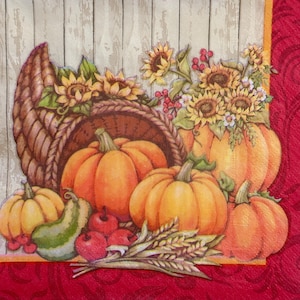 Guardanapo de outono de Ação de Graças com abóboras, girassóis, maçãs, cornucópia, colheita de trigo, padrão de madeira rústica para decoupage, scrapbooking, artesanato, 13''