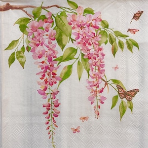 Decoupage Paper Napkin with Hanging Pink Flowers and Butterflies for Decoupage Crafting Scrapbooking Collage Cardmaking DIY 13&quot;x13&quot;