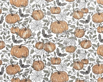 May include: A repeating pattern featuring orange pumpkins, bats, spiderwebs, and floral elements on a white background. The pumpkins vary in size and are detailed with shading. The bats are black, and the spiderwebs are white.