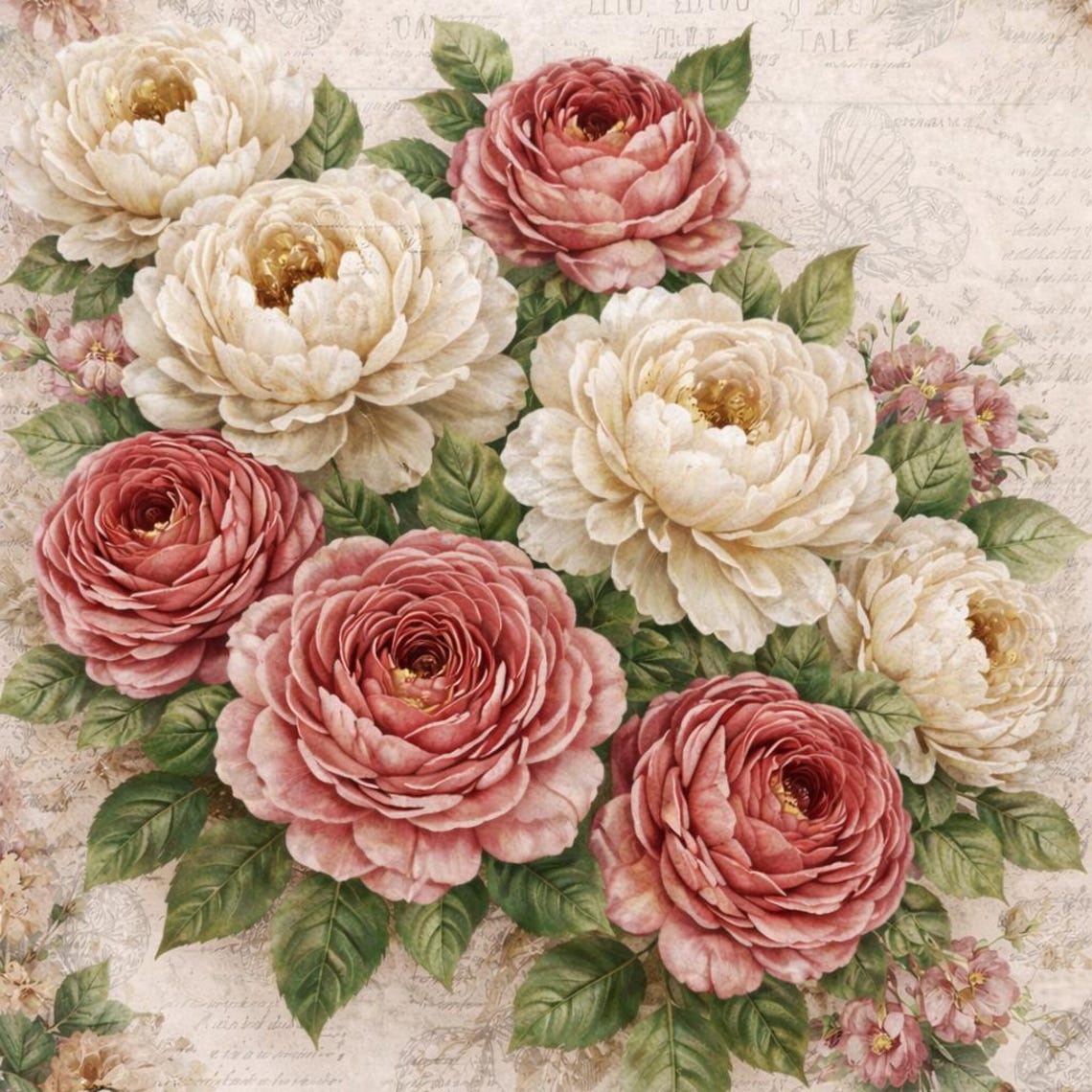 Peony Rice Paper Vintage Peony Bouquet Decoupage Rice Paper, Romantic Floral Shabby Chic ...