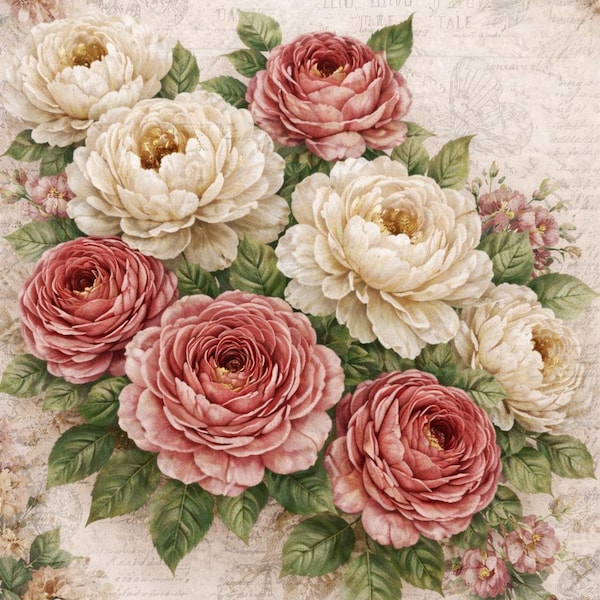 Vintage Peony Bouquet Decoupage Rice Paper, Romantic Floral Shabby Chic Garden Roses Design, DIY Paper Or Cardstock Options Sheet 8x11" 1PCs