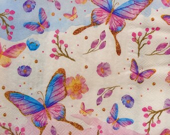 Papieren servetten decoupage met roze en blauwe vlinders, lentebloemenontwerp voor knutselen scrapbooking Kaarten maken DIY-projecten, servetten 13 inch