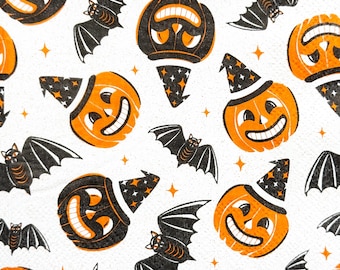 Serwetka papierowa do decoupage'u z dynią i kapeluszem czarownicy na Halloween, vintage pomarańczowo-czarny, upiorny wzór do majsterkowania, scrapbookingu, 10'', 1 szt.