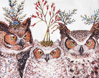 Uil winterbos decoupage papieren servet, bruin besneeuwd vogels bessen takken, kerstmis dankzegging natuur ambachtelijk dun papier 1 st 10''