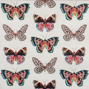 May include: A white background features a pattern of butterfly illustrations. The butterflies are in various colours, including pink, black, blue, and yellow, with detailed wing patterns. The butterflies are arranged in a grid.