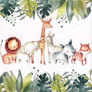 May include: A decorative napkin featuring a watercolor illustration of a lion, elephant, giraffe, zebra, rhino, and tiger. The animals are arranged in a row, with green foliage in the background and foreground. The animals have a cute, cartoonish style.