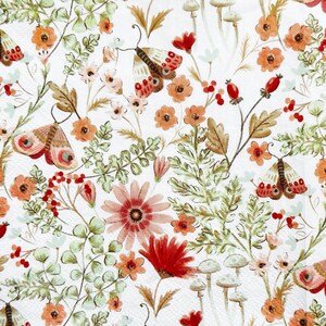 May include: A white floral pattern featuring butterflies, flowers, berries, and mushrooms in shades of orange, red, and brown. The design includes detailed illustrations of various botanical elements.