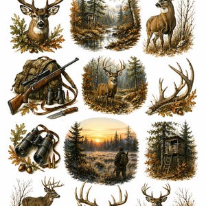 May include: A collection of hunting-themed illustrations featuring deer, rifles, binoculars, and forest scenes. The artwork showcases detailed depictions of wildlife, hunting equipment, and landscapes in a rustic style, with a color palette of browns, greens, and oranges.