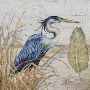 Serviettes en papier Héron bleu avec herbe côtière, feuilles et fond de carte nautique pour découpage, décoration côtière estivale, scrapbooking 30,5 cm