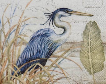 Paper Napkin Heron Birds in Coastal Grass with Leaves and Nautical Map Background for Decoupage Summer Coastal Decor, Scrapbooking 10&#39;&#39; 1pcs