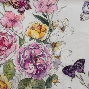 Guardanapo de papel com rosas para decoupage, flores de jardim e borboletas para artesanato, scrapbooking, cartões e projetos decorativos de 13''