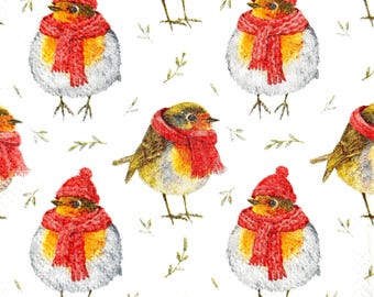 Winter Birds in Red Hats and Scarves Decoupage Paper Napkin for Christmas Crafts, Thin Paper for Holiday Decoration, Scrapbooking 10'' 1PCS