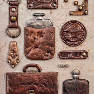 Pegatinas de viaje hinchadas con maletín vintage, brújula, frasco, etiquetas de cuero y pegatinas de bronce para scrapbooking, decoupage y tarjetas (10 unidades)