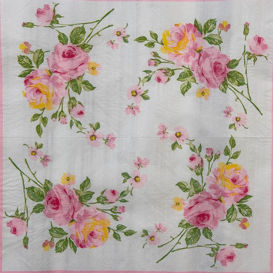 Vintage Style Napkin With Pink and Yellow Roses Floral Design for ...