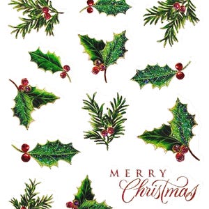 Christmas Holly Leaf and Pine Stickers Set – Glitter Holiday Stickers with Berries and Merry Christmas Text – 13 Flat Stickers Pack
