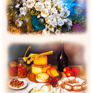 May include: A still life painting featuring a bouquet of white roses in a blue vase, grapes, and a selection of cheeses, bread, apples, and a bottle of wine. The image has a vintage aesthetic.