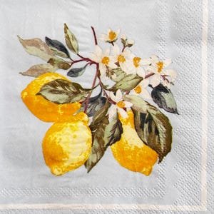 May include: A light blue paper napkin with a watercolor illustration of lemons, leaves, and white blossoms. The lemons are yellow with textured surfaces. The leaves are green and brown. The blossoms are white with yellow centers.